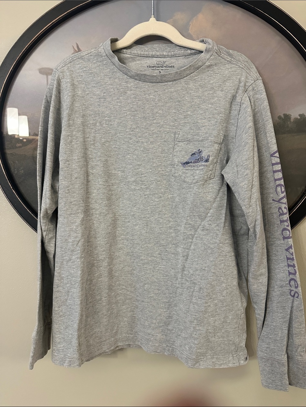 Vineyard Vines Kids Long-Sleeve Pocket Tee — Heather Gray with Purple Logo